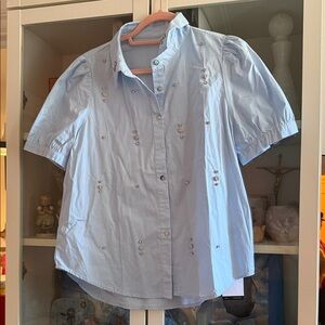 Anwesta by SHEIN Light Blue Button-Up Shirt with Embellishments Sz S